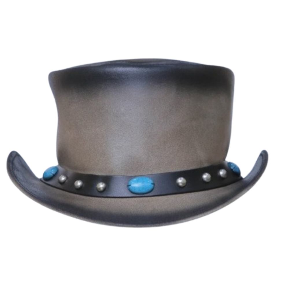 Handcrafted Beige Brown Leather Top Hat featuring a Western Stone Style Band and Gothic detailing
