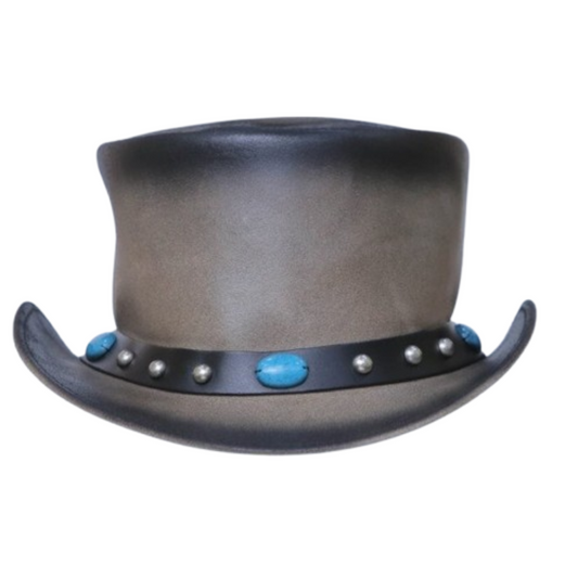 Handcrafted Beige Brown Leather Top Hat featuring a Western Stone Style Band and Gothic detailing