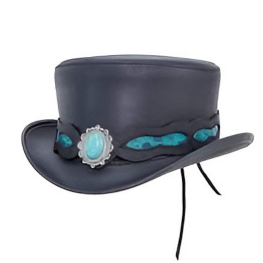 Handcrafted Black & Brown Leather Top Hat with Turquoise Stone, Steampunk design.