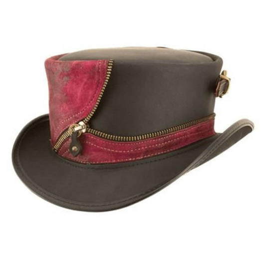 Handcrafted Black & Red Leather Top Hat with Zipper Style - Gothic Steampunk Accessory
