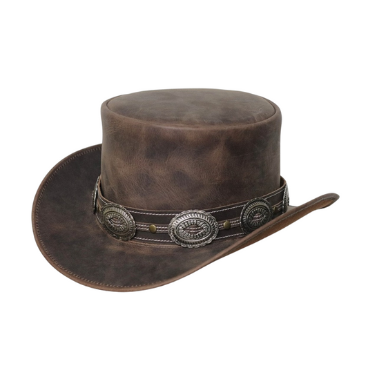 Handcrafted Brown Leather Top Hat with Conchos and Steampunk Design.