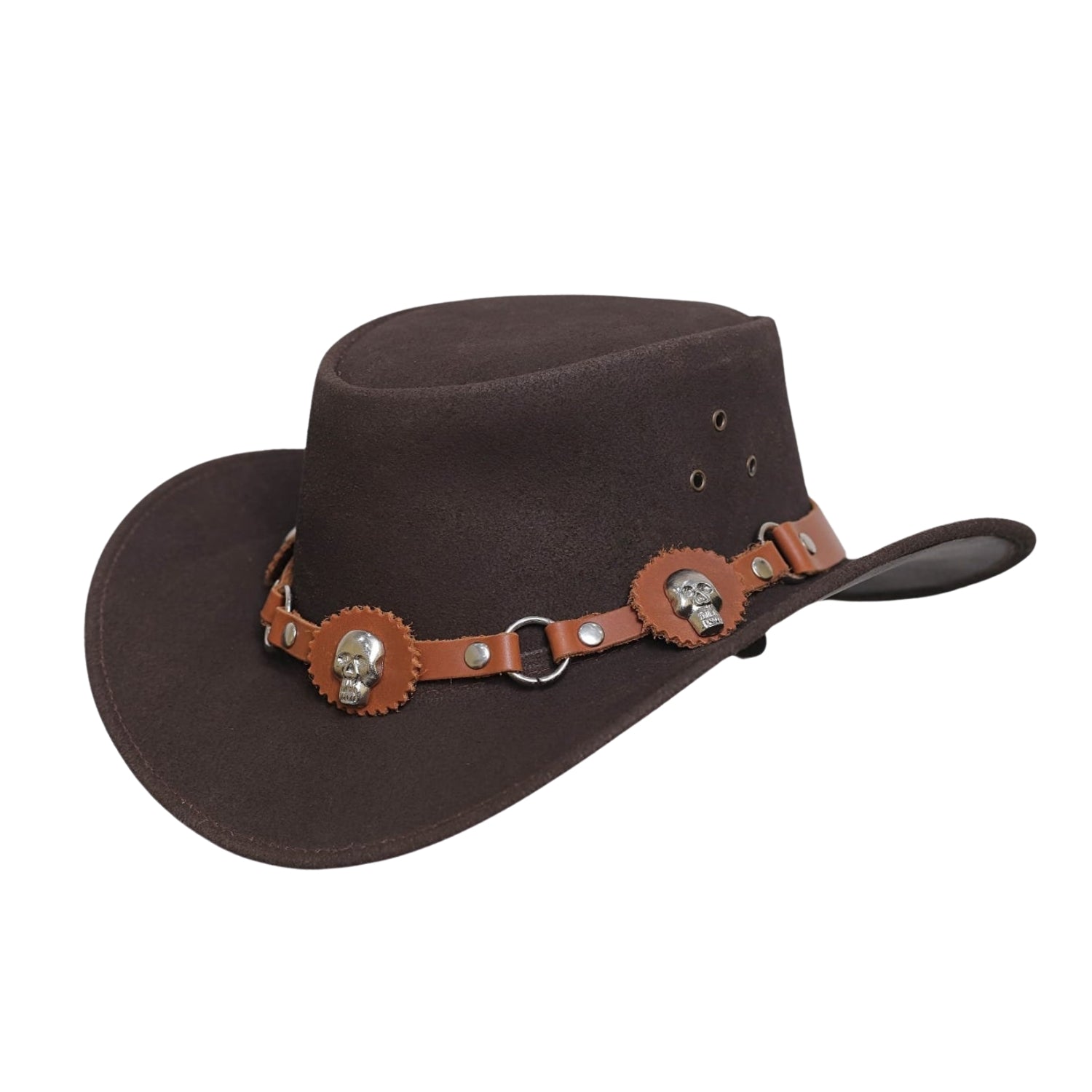 Handcrafted Brown Suede Cowboy Hat with Edgy Skull Band
