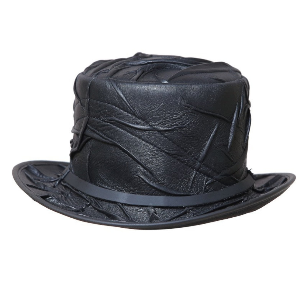 Handcrafted black crinkle leather top hat with plain band in gothic steampunk style