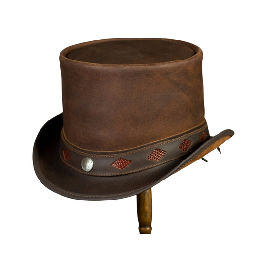 Handcrafted brown leather top hat with gothic style band.
