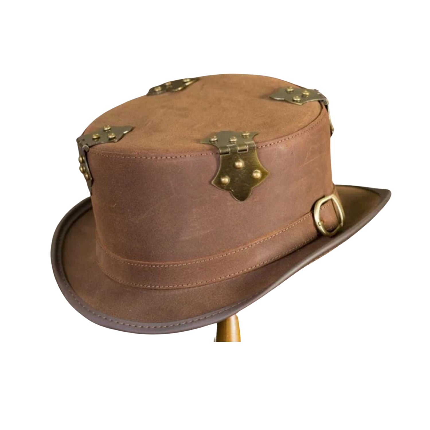 Handcrafted brown leather top hat with hinged buckle band.
