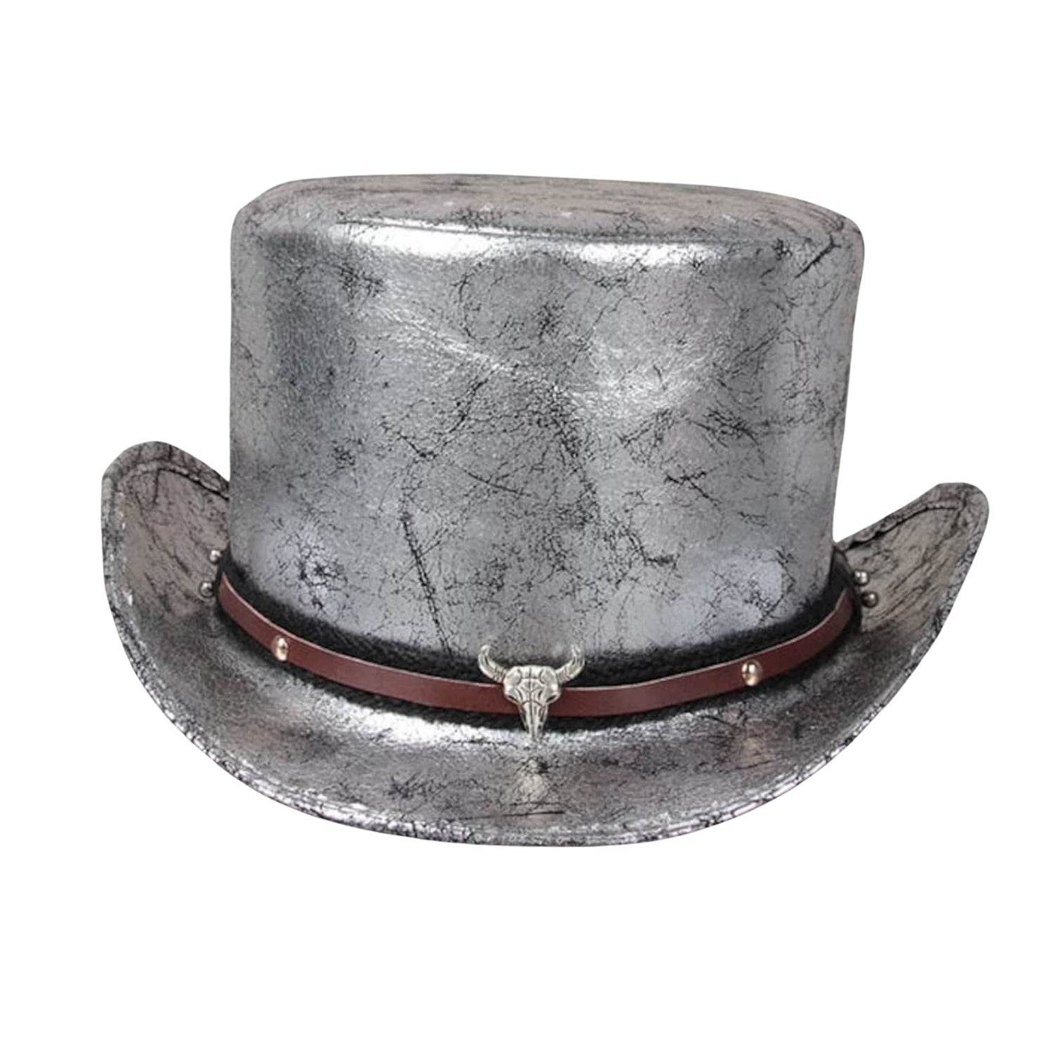 Handcrafted leather top hat with vintage silver bull style band
