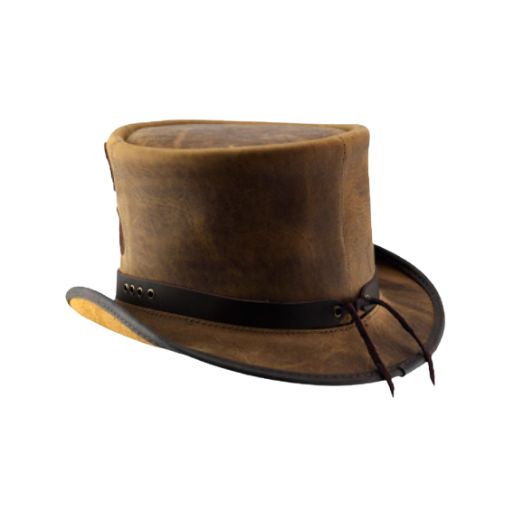 Handcrafted steampunk brown leather top hat with unique gear embellishments.
