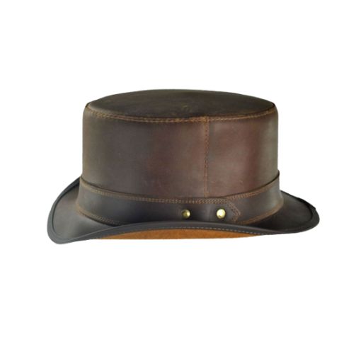 Handmade brown leather mini hat with sun protection
