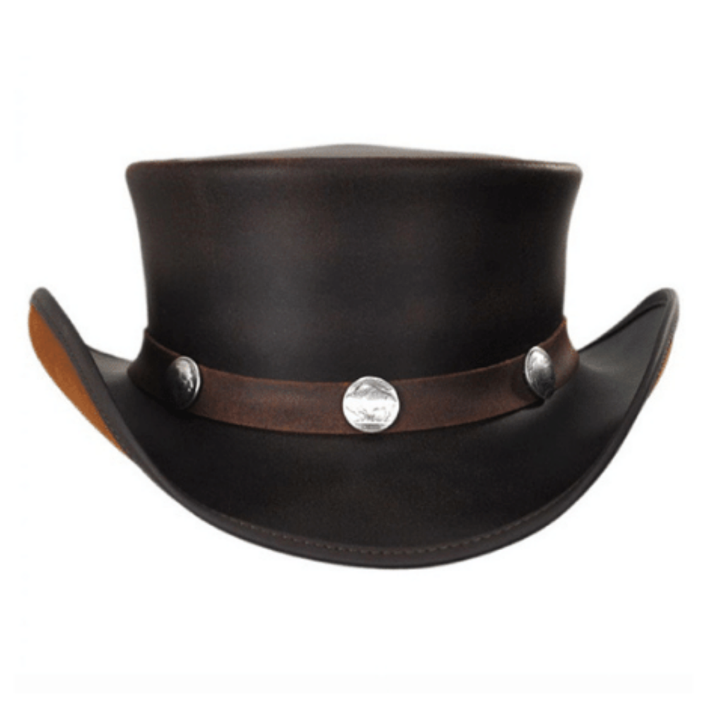 Handmade leather top hat with bull band and wide brim
