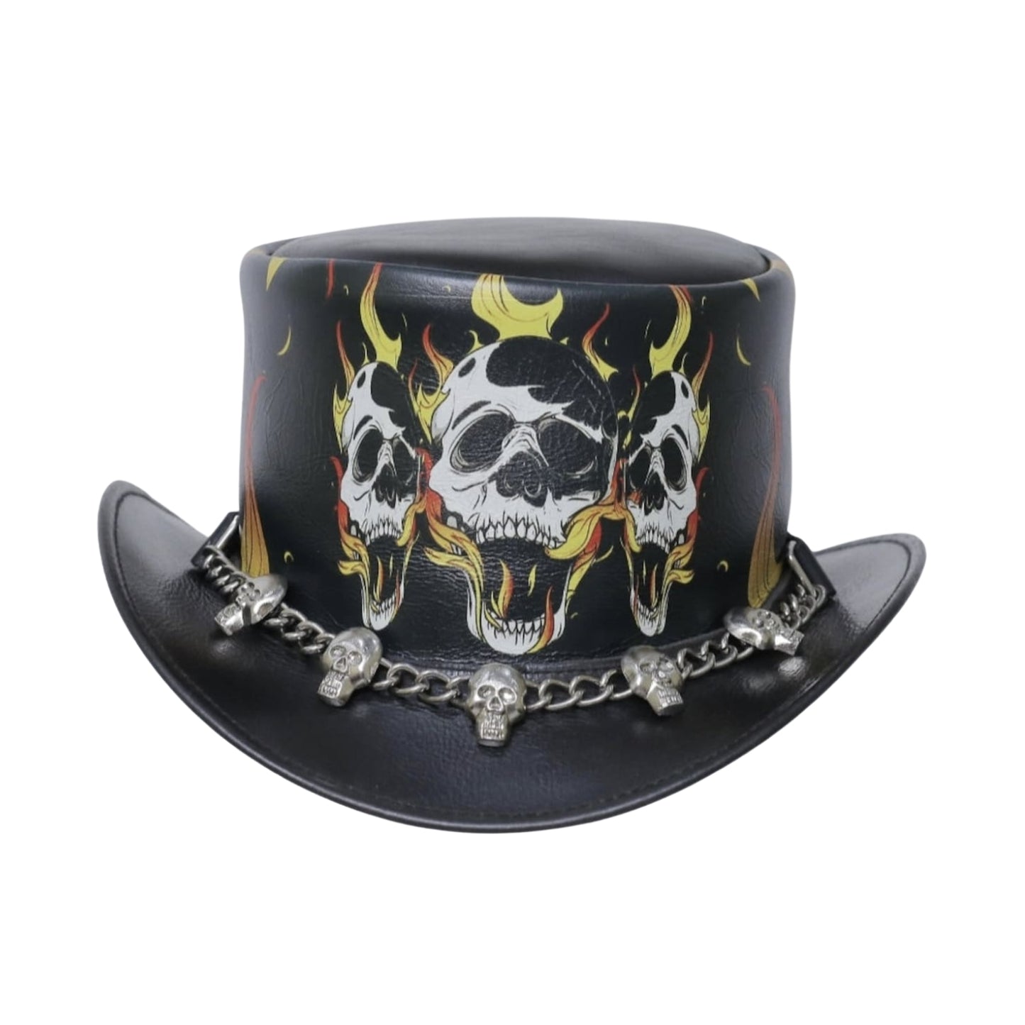 Handmade leather top hat with skull and fire band
