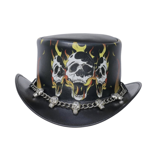 Handmade leather top hat with skull and fire band
