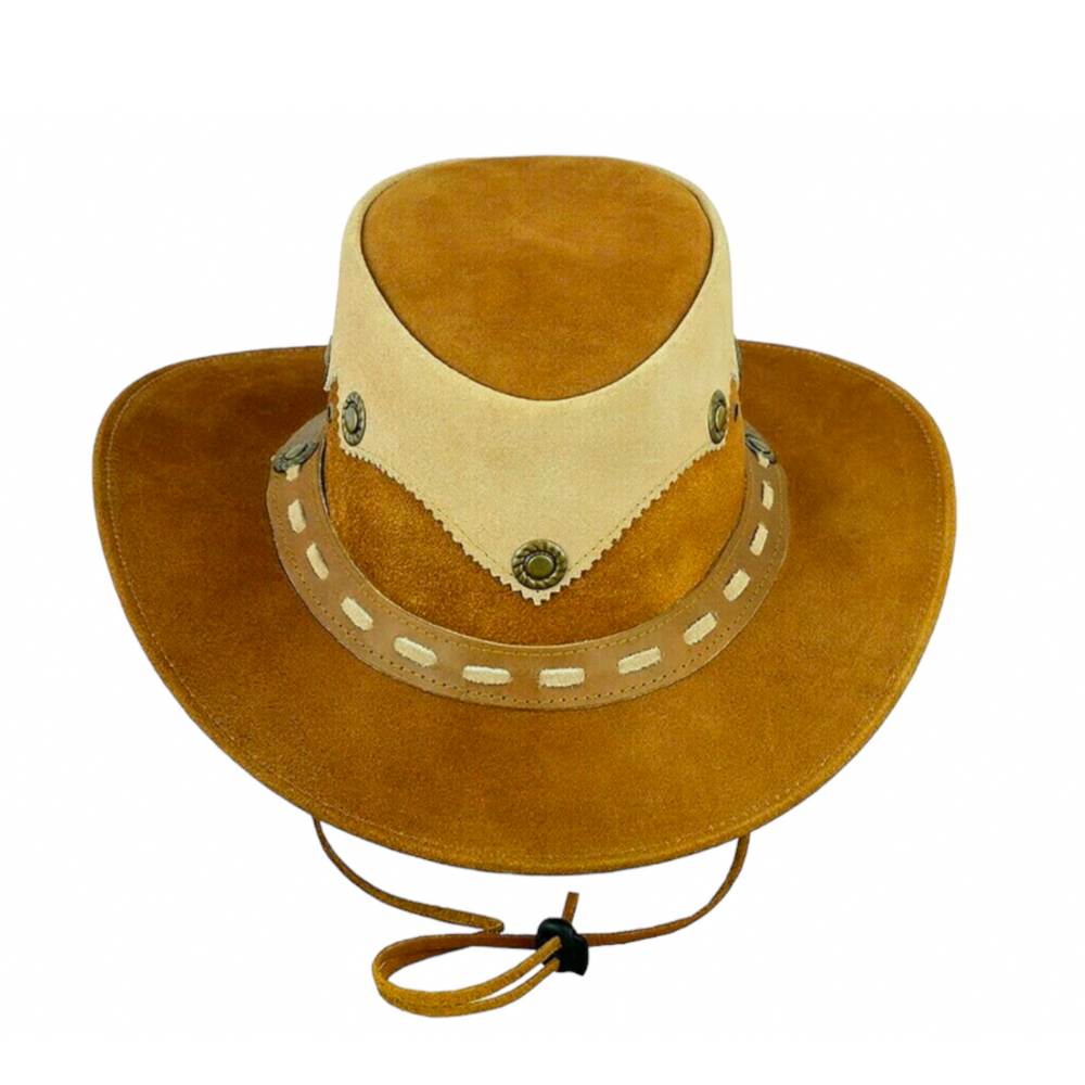 Handmade split leather crown hat featuring a custom tooled leather band.
