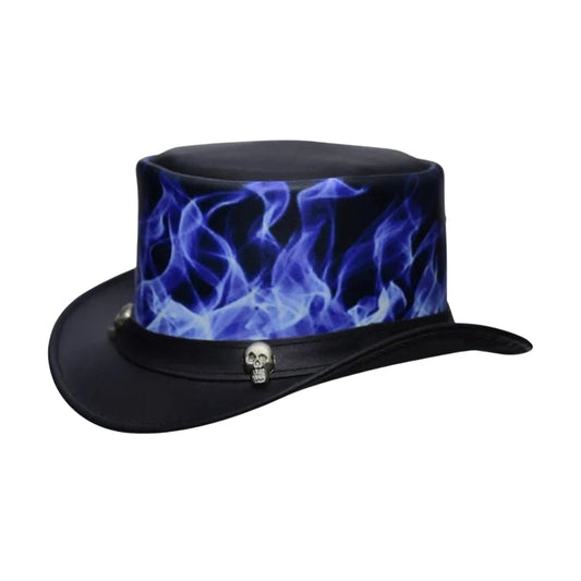 Leather Top Hat with Skull and Fire Band
