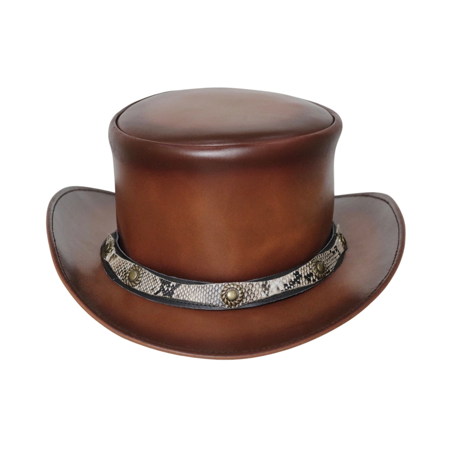Leather Top Hat with snake print leather band
