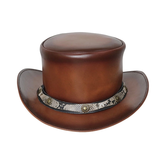 Leather Top Hat with snake print leather band
