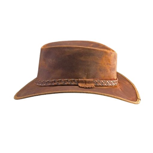 Leather Western Homburg Hat with wide brim for sun protection.

