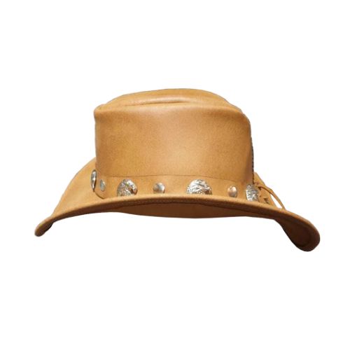 Leather cowboy hat with intricate eagle concho detail.
