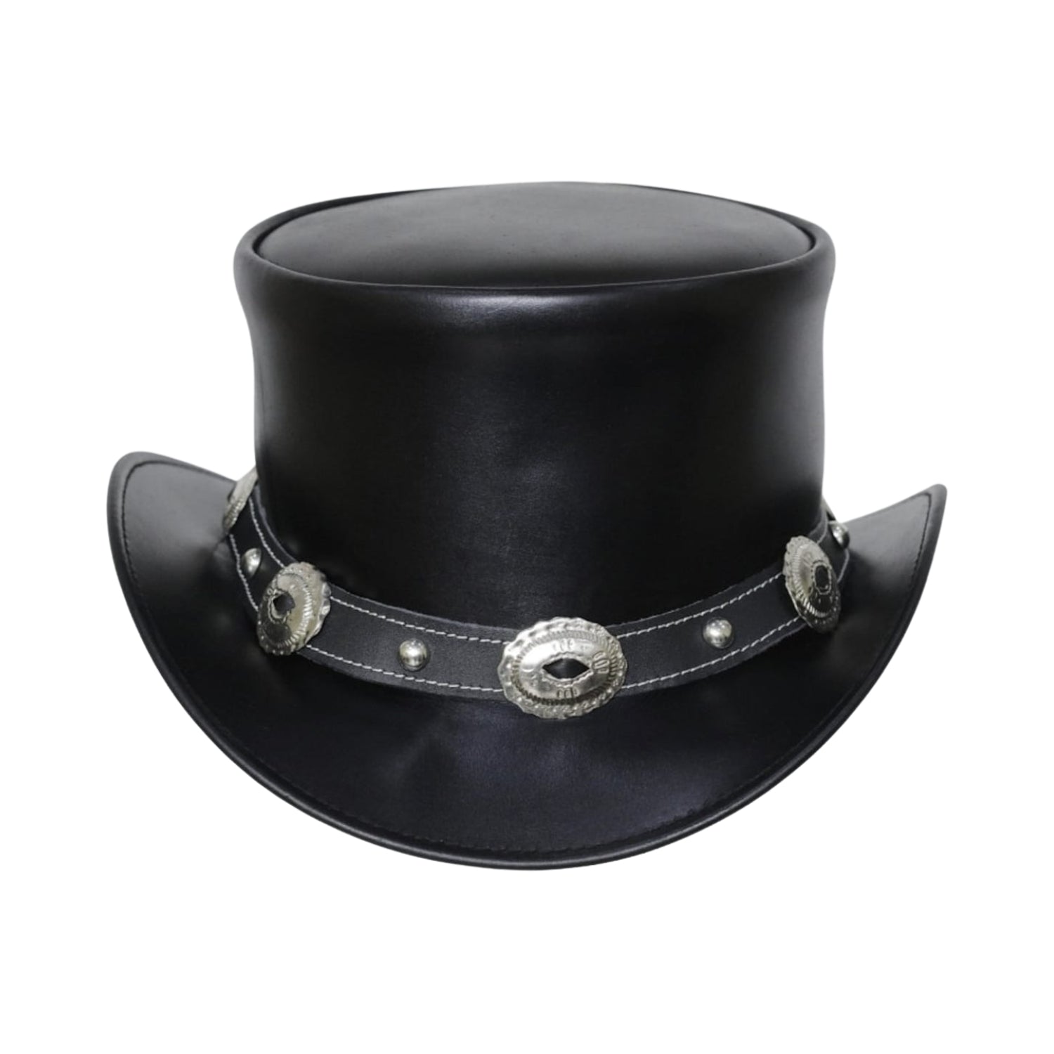 Leather top hat with conchoo leather band and cowhide accents

