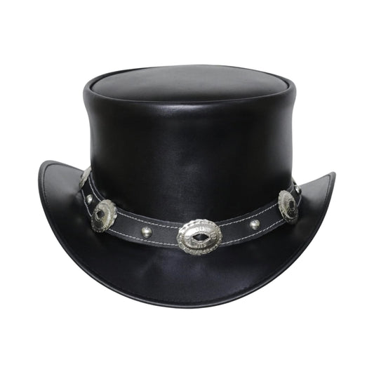 Leather top hat with conchoo leather band and cowhide accents
