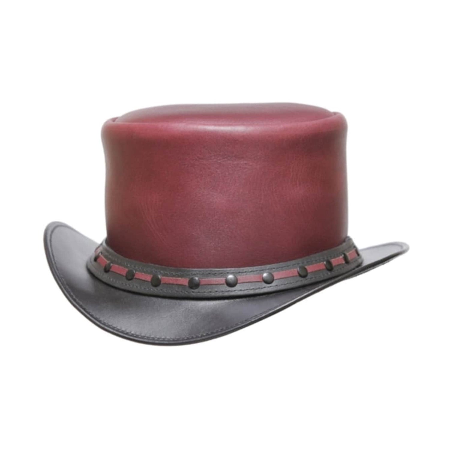 Leather top hat with stylish leather band and cowhide detailing
