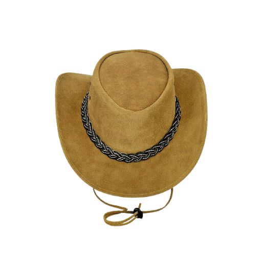 Light brown suede cowboy hat with leather band
