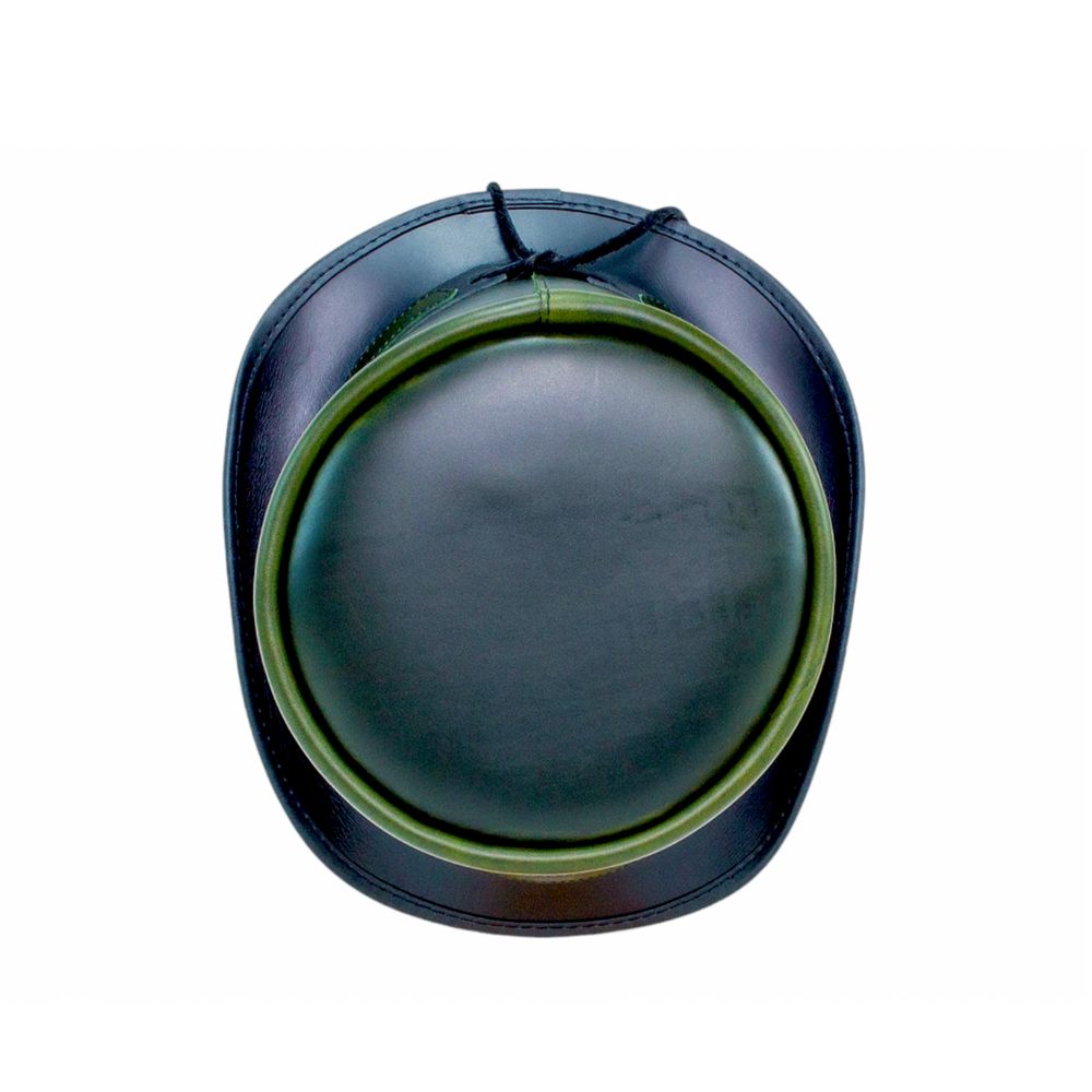 Luxury green leather top hat with black brim.
