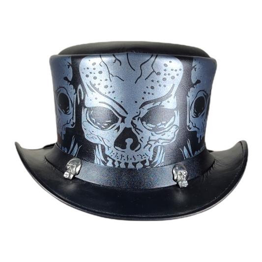 Luxury leather top hat with skull print, gothic style
