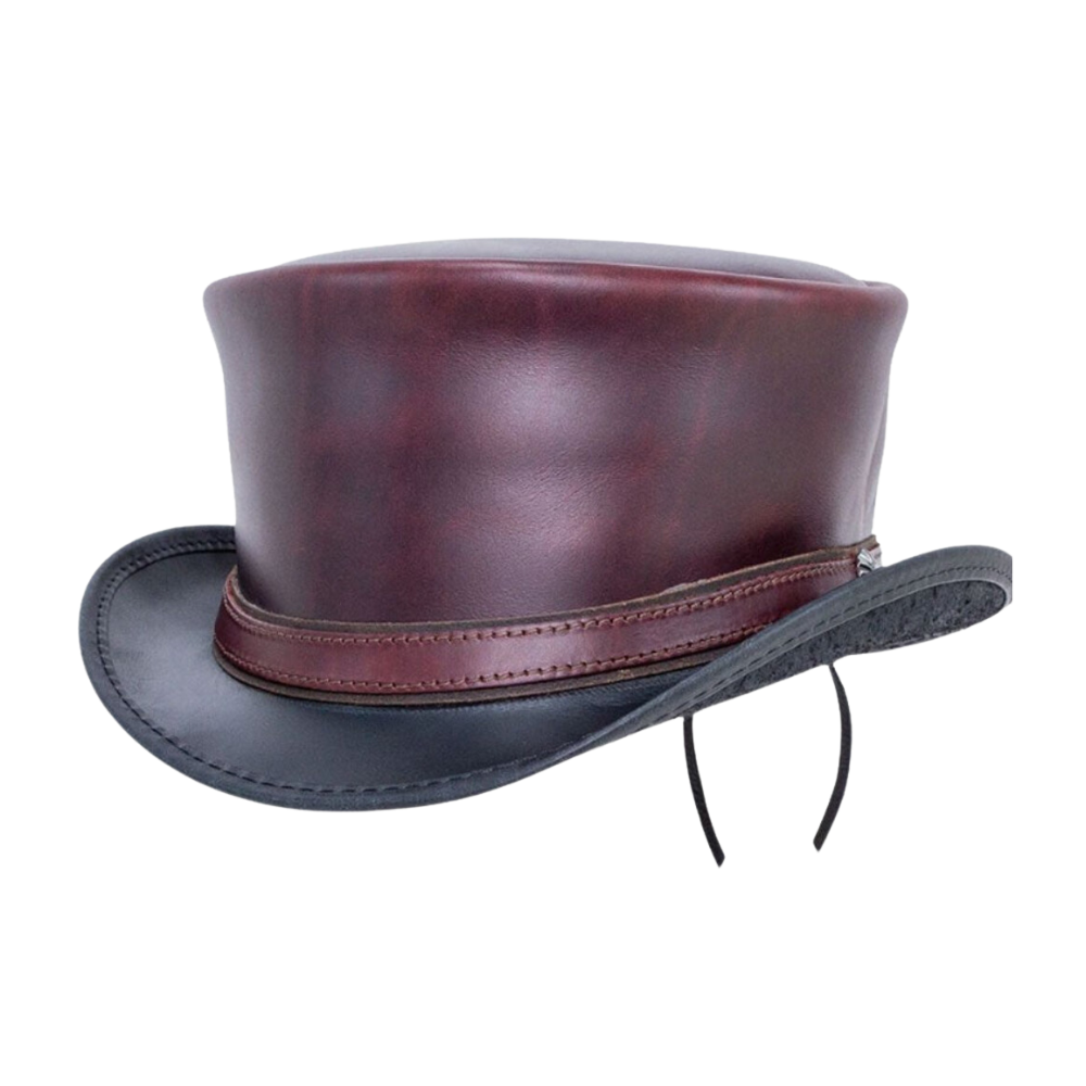 Maroon and black leather top hat with sleek design
