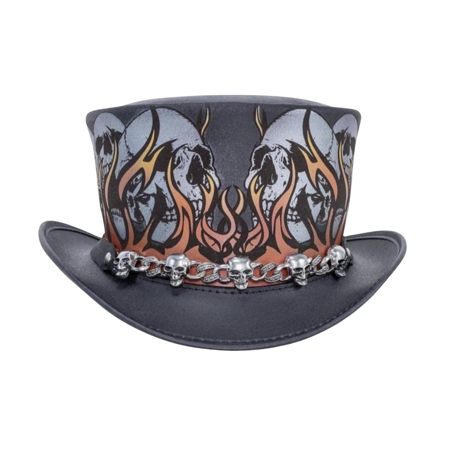 Memorial-style leather top hat with fiery skull band
