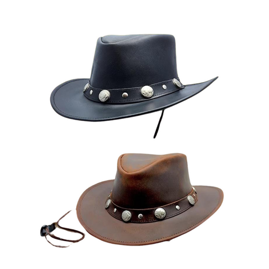 Men's leather cowboy hat with buffalo conchos
