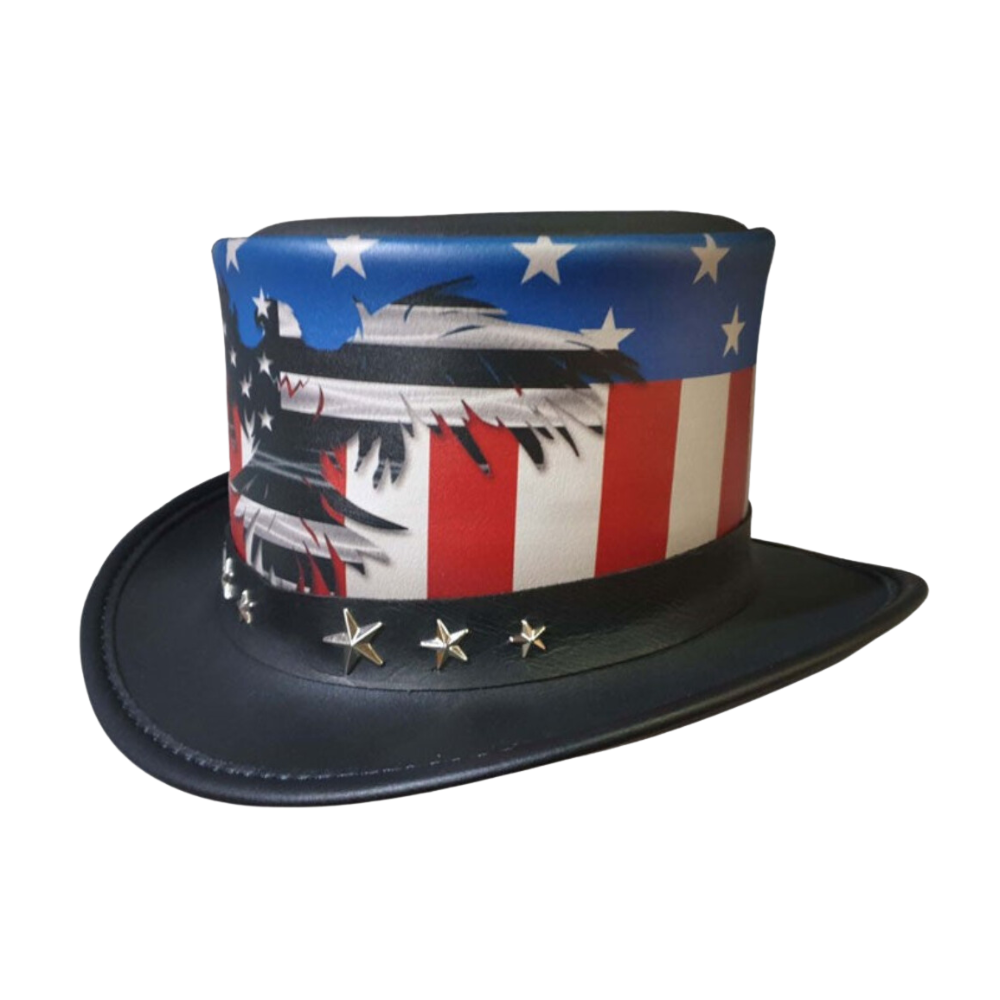 Men’s leather top hat featuring American flag
