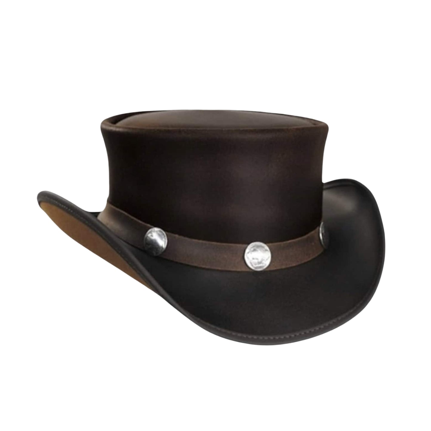 Pale Rider top hat with leather and bull button details
