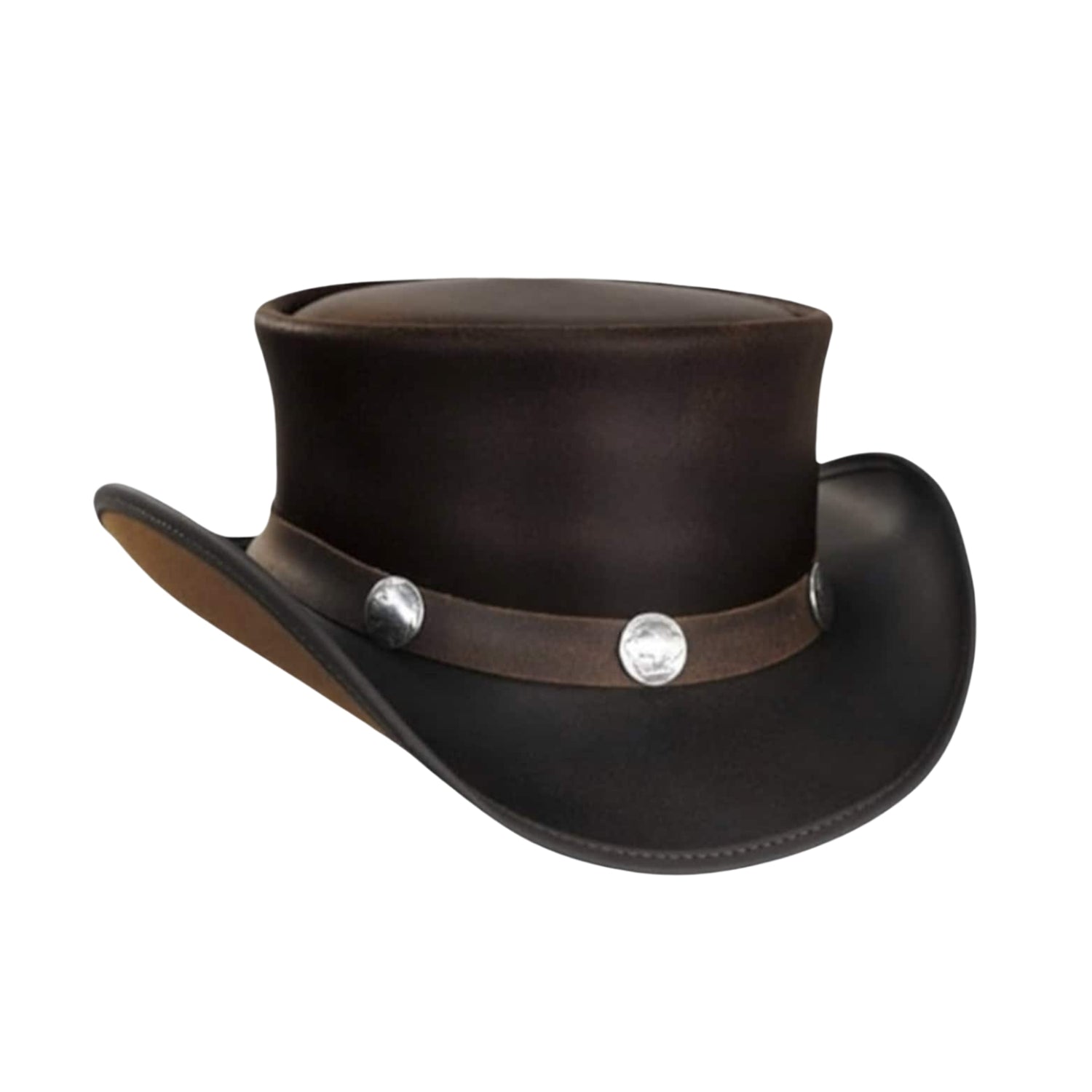 Pale Rider top hat with leather and bull button details
