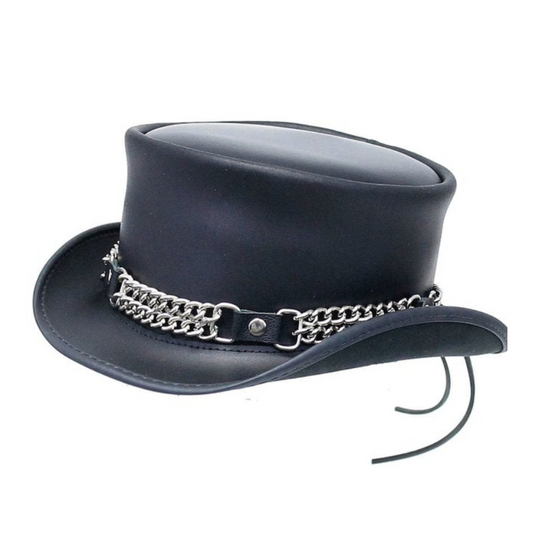 Premium black leather top hat with a curb chain band for a striking steampunk vibe
