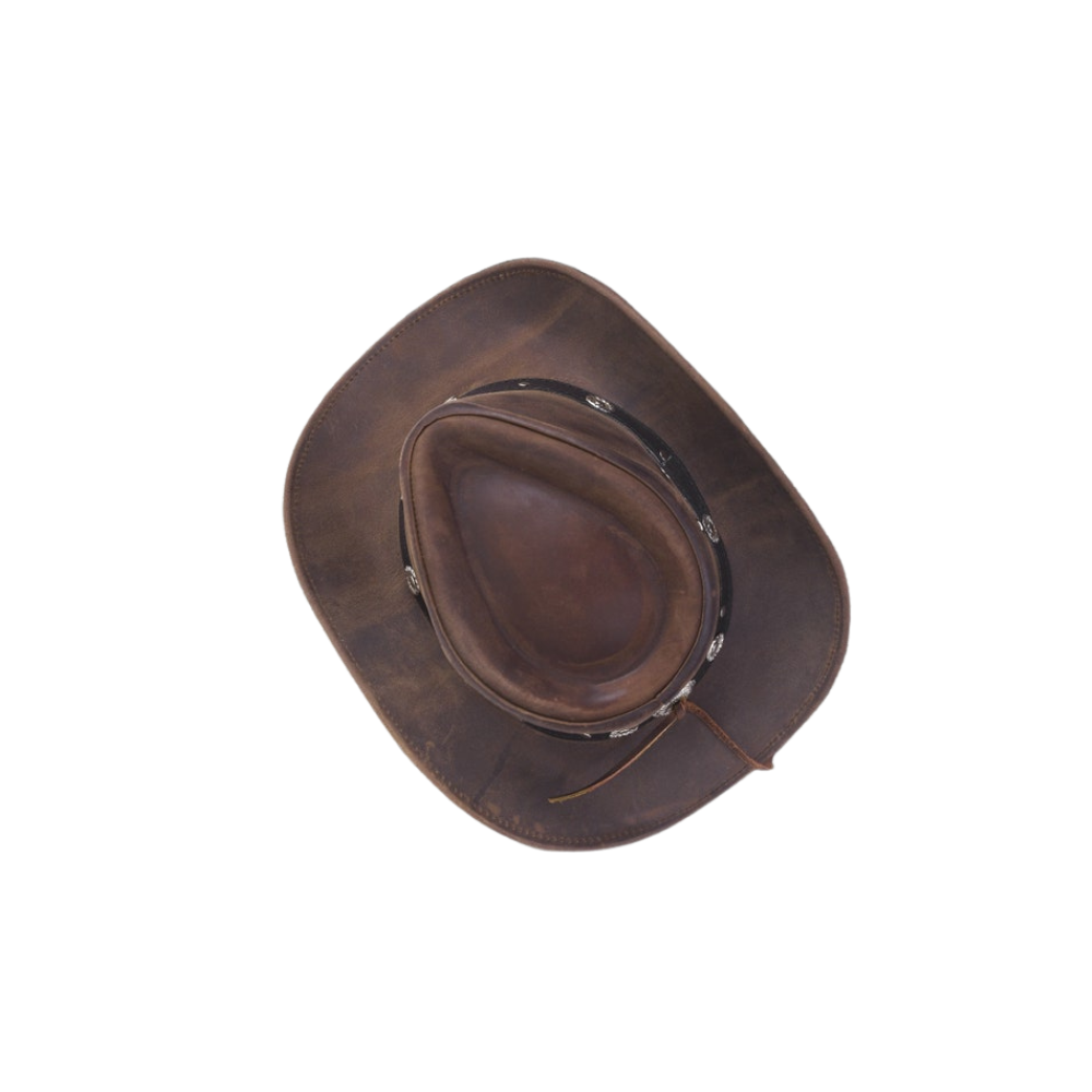 Premium brown leather cowboy hat with iron cross design.





