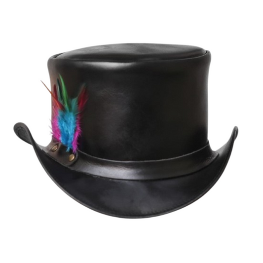 Premium leather black top hat with a feather accent, perfect for adding a stylish, gothic touch.