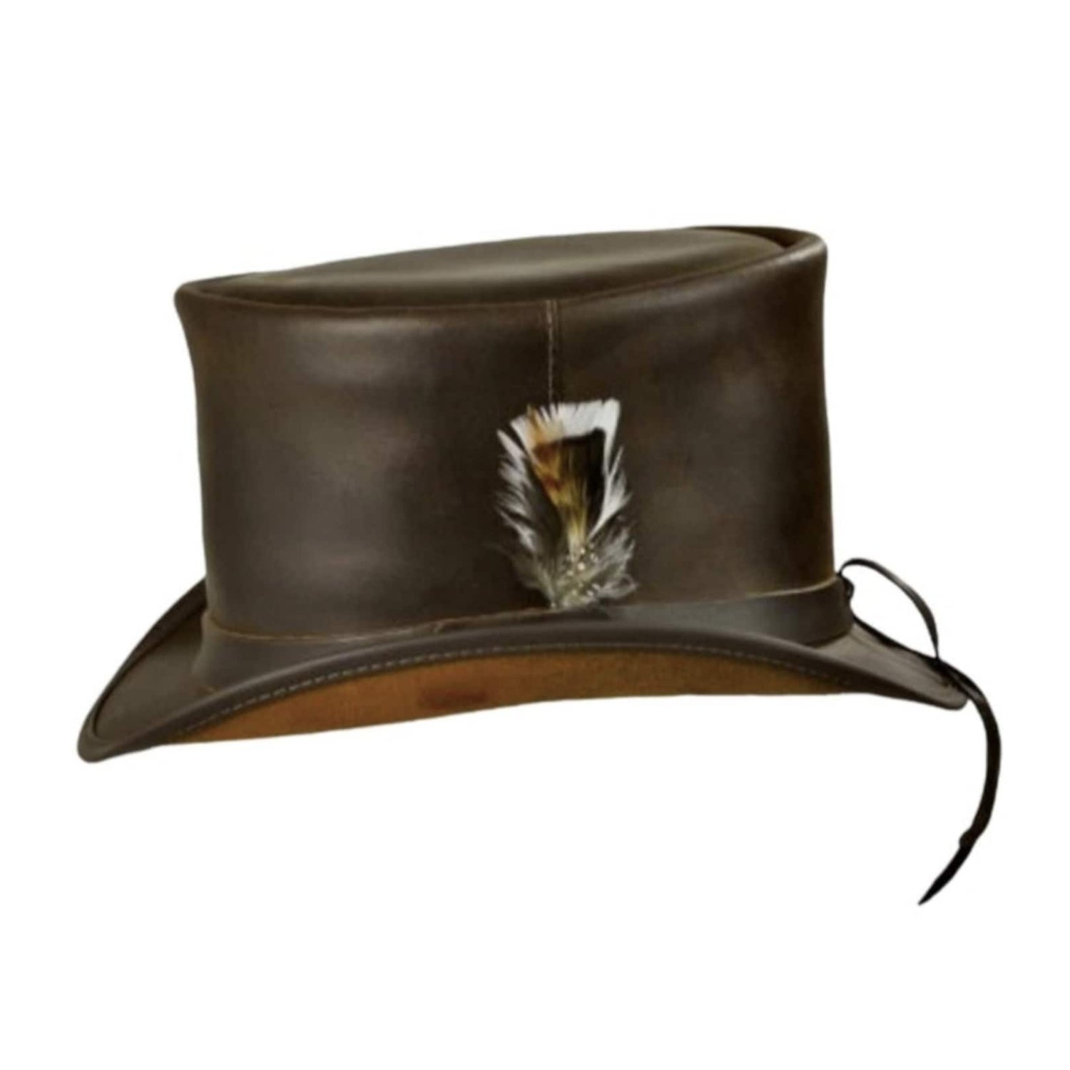 Premium leather top hat with a sleek leather band and cowhide trim
