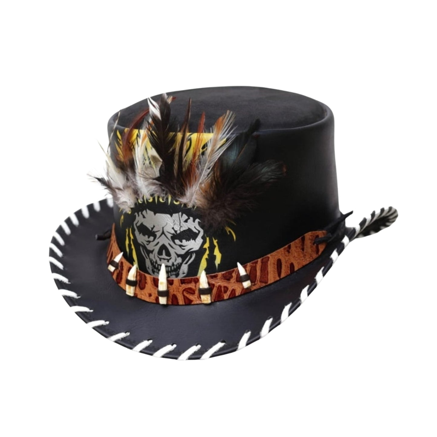 Red Indian Native Chief Leather Top Hat with Teeth Band
