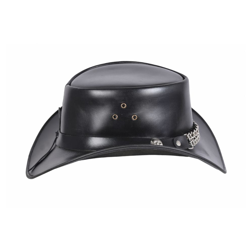 Rockin' Rodeo Style: Black Leather Hat with a Fierce Skull