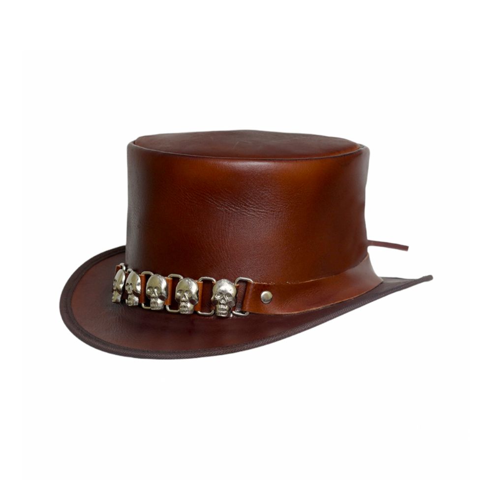 Rockstar-style brown leather top hat with skull detailing on the band.





