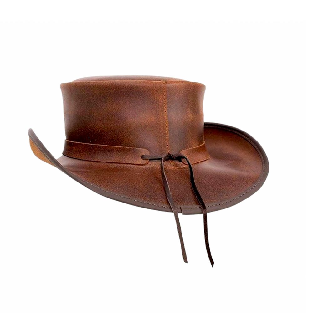 Rugged brown leather top hat for outdoor adventures.





