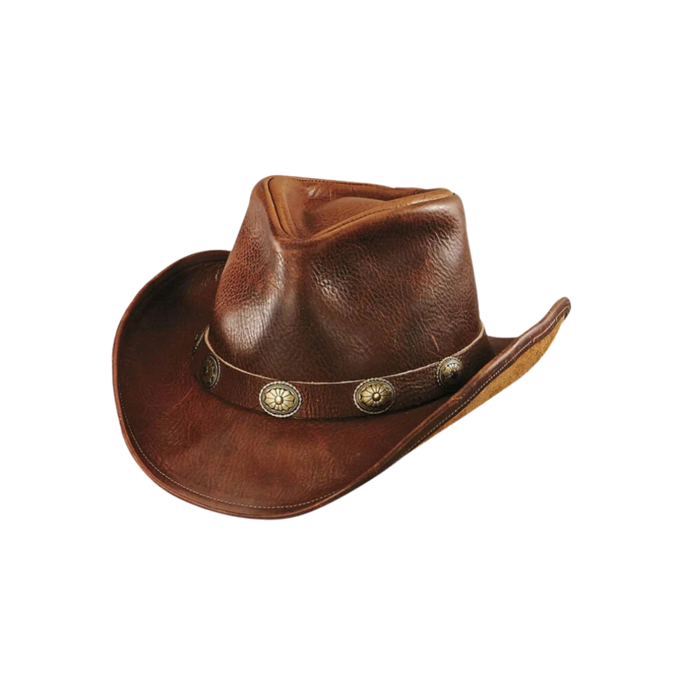 Rugged leather cowboy hat for outdoor adventures
