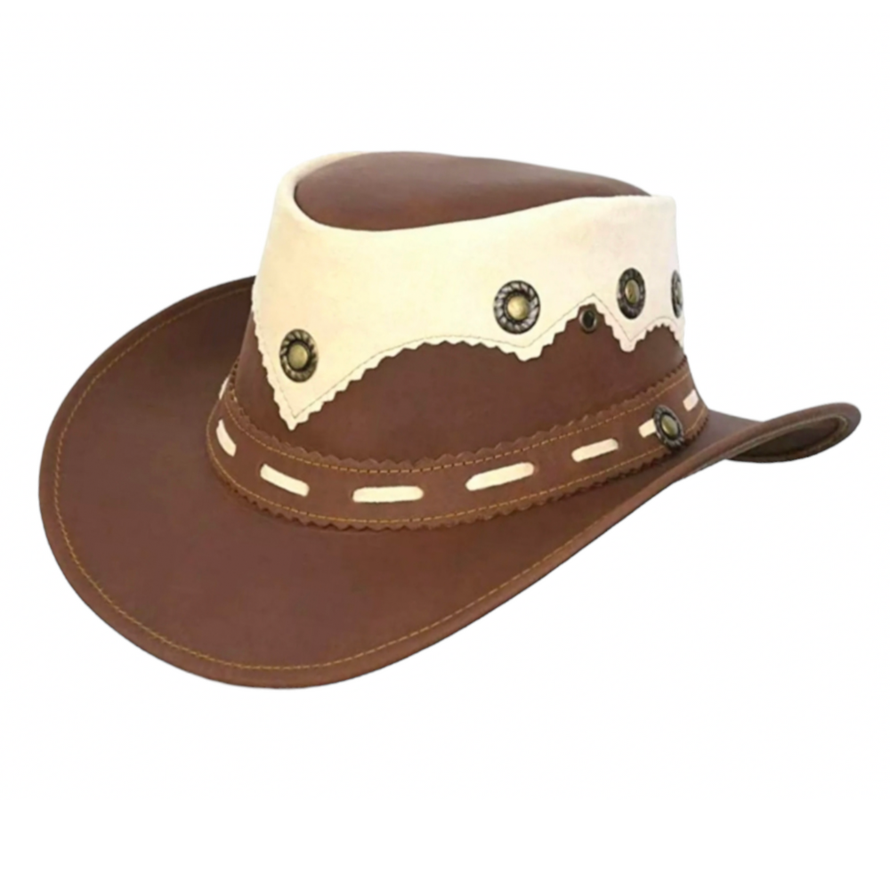 Rustic artisan split leather crown hat with a beautifully crafted leather band.
