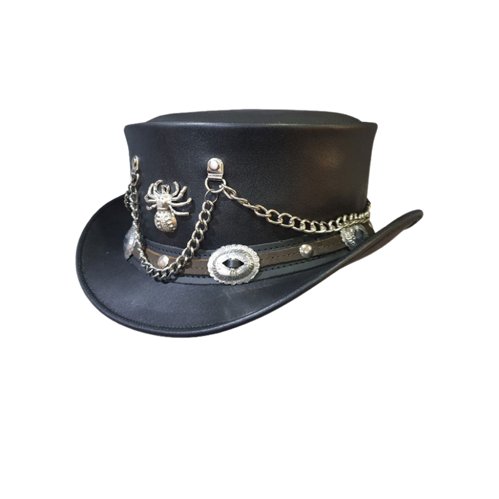 Sleek black leather western top hat featuring spider accents
