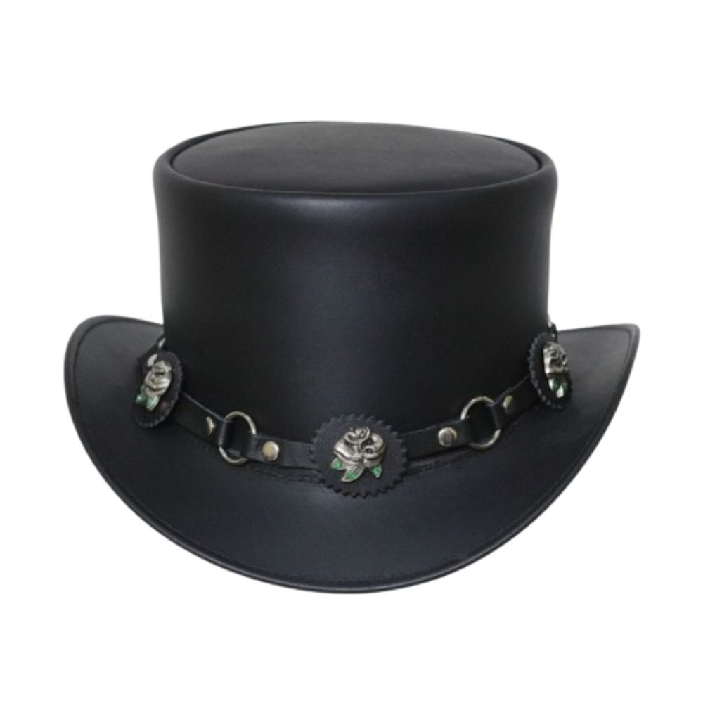 Sophisticated black leather top hat with a floral band, perfect for formal events.