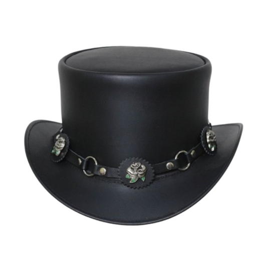 Sophisticated black leather top hat with a floral band, perfect for formal events.
