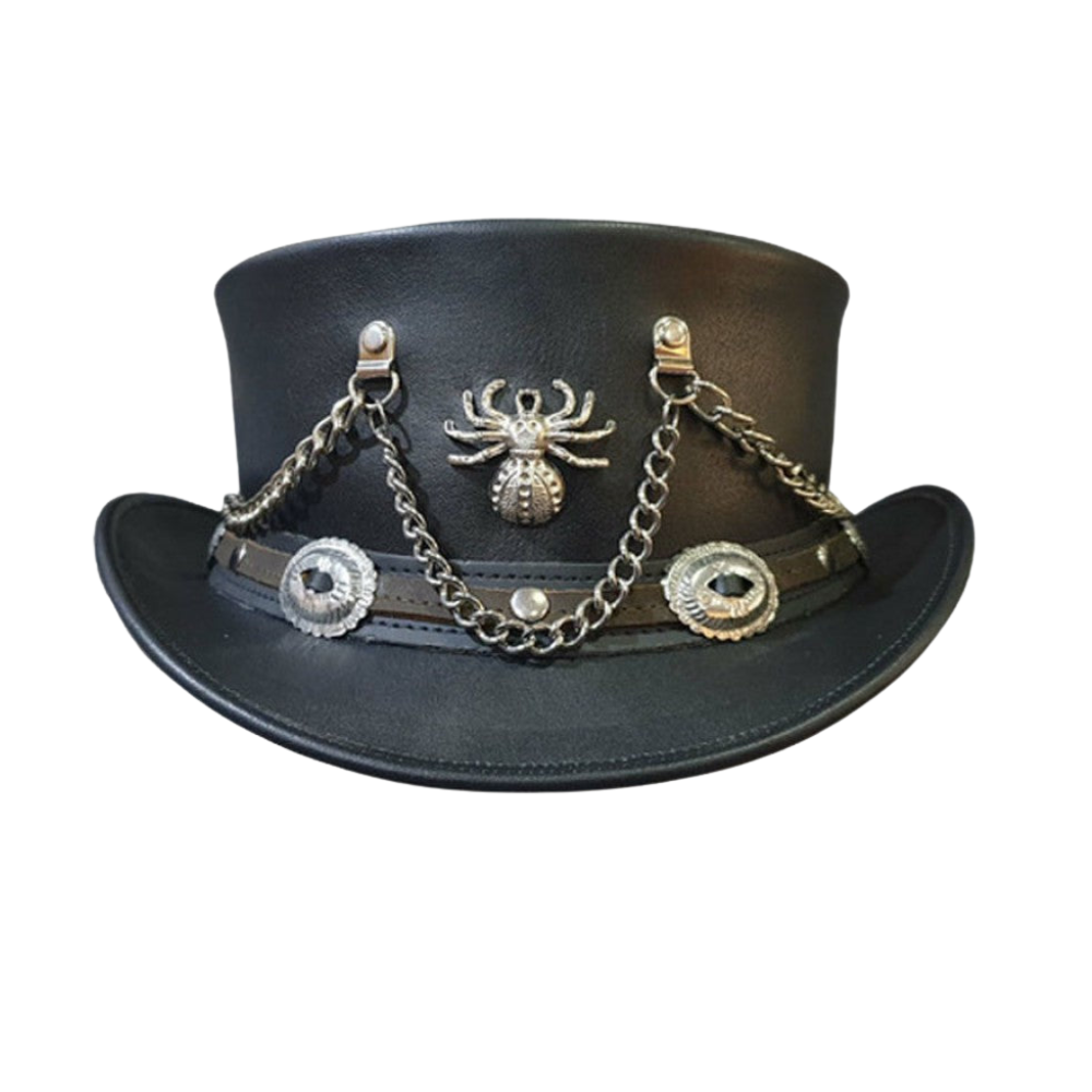 Spiderman-themed black leather short top hat with a western flair
