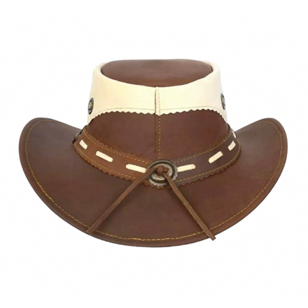 Split leather crown hat with intricate tooled leather band, handmade by artisans.
