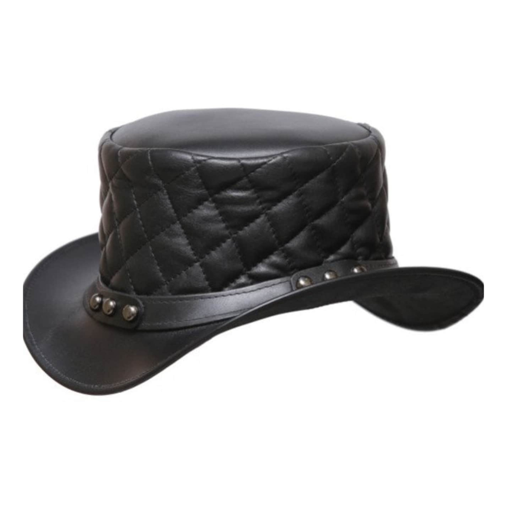 Steampunk-inspired black leather top hat with Revit style band and quilted texture.
