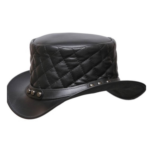 Steampunk-inspired black leather top hat with Revit style band and quilted texture.